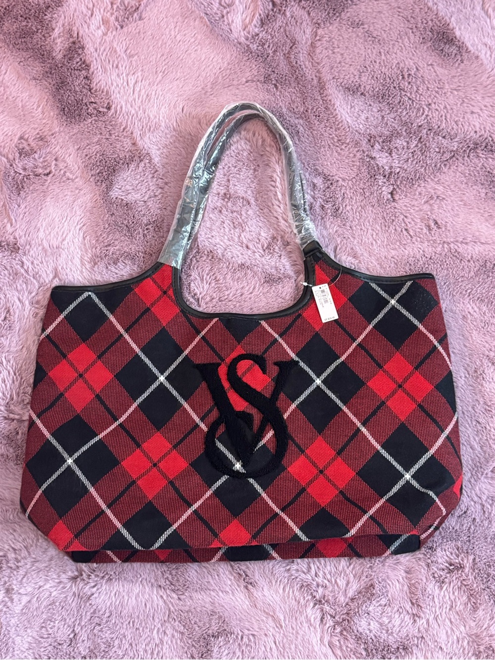 Victoria's Secret Red and Black Plaid Tote with Monogram